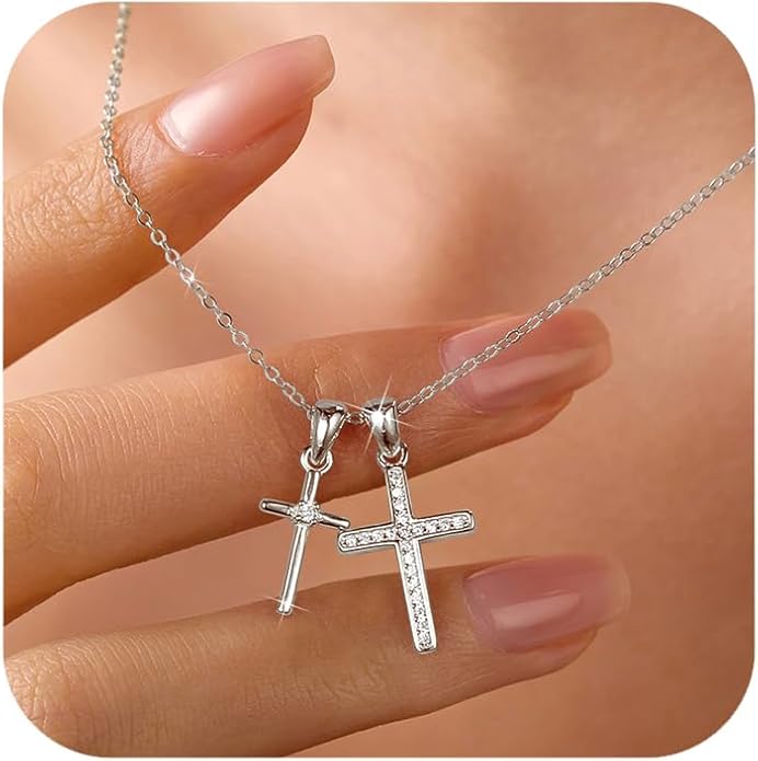 LOVECOM Valentines Gifts S925 Sterling Silver Heart Necklace for Women Dainty 14k Gold Plated CZ Infinity Double Cross Star Pendant Choker Necklaces Trendy Bead Chain Jewelry Gifts for Mom Daughter