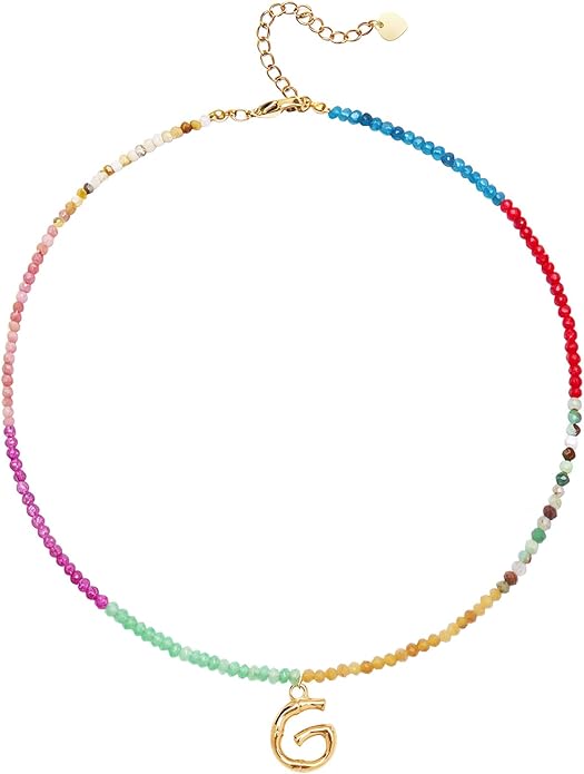 Beaded Initial Necklace for Women, Boho Natural Stone Semi-Precious Stone 18K Gold Plated Letter Pendant Rainbow Colorful Trendy Alphabet Dainty Choker Jewelry for Women Summer Beach Party