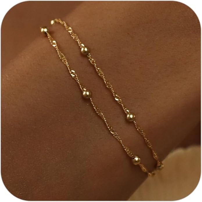 SLOONG Valentines Day Gifts for Her Gold Pearl Bracelets, 18K Real Gold Plated Dainty Stackable Snake Chain CZ Heart Pendant Bracelets, Layered Waterproof Jewelry Gift for Women Adjustable 6"+2"