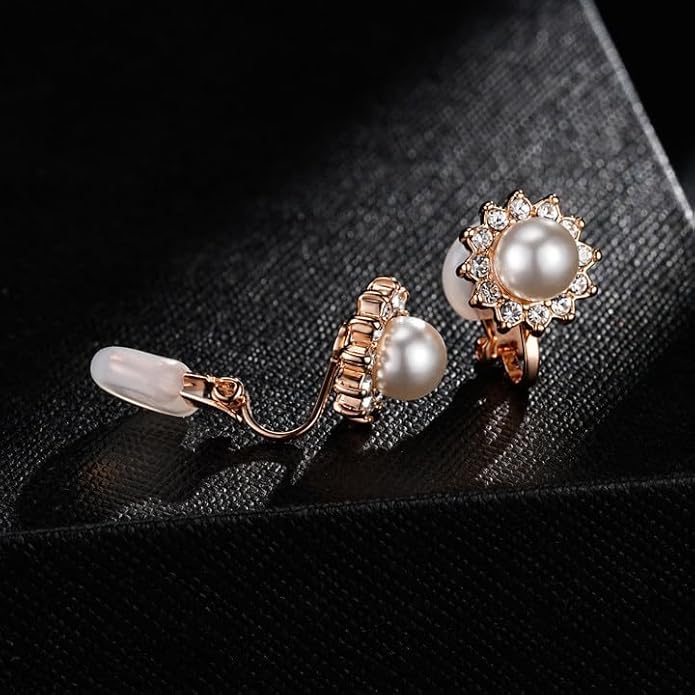 EVEVIC Austrian Crystal Pearl Clip On Earrings for Women Non Pierced Earings 14K Gold Plated Hypoallergenic Jewelry