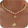 Layered Beach - Inspired Gold Necklace Set for Women - Seashell & Starfish Charm Necklaces, Ideal Beach Jewelry