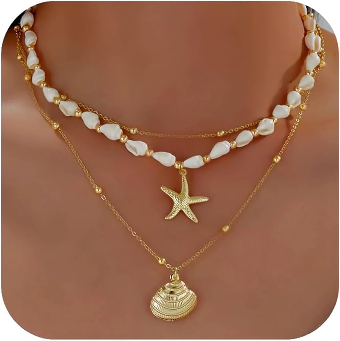 Layered Beach - Inspired Gold Necklace Set for Women - Seashell & Starfish Charm Necklaces, Ideal Beach Jewelry