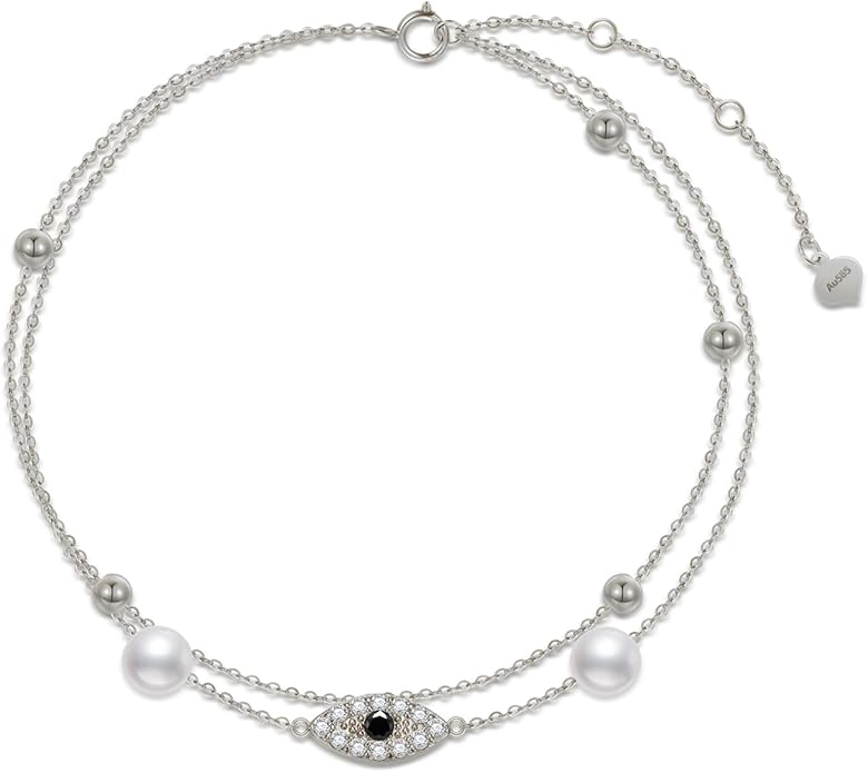 Evil Eye Anklets for Women, Solid 14kt Gold Evil Eye Pearl Ankle Bracelet Lucky Protection Jewelry for Her, Wife, Mom, Girls, 8"-10"