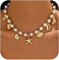 Shell Starfish Necklace for Women, 14k Gold Plated Boho Layered Beaded Charm Pendant Necklace, Dainty Adjustable Pearl Conch Summer Beach Vacation Jewelry Gifts