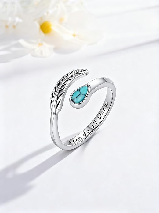 Turquoise/Moss Agate/Moonstone/Black Onyx/Lapis Lazuli/Labradorite/Tiger Eye Feather Ring 925 Sterling Silver Adjustable Ring Western Thumb Rings Vintage Jewelry Gifts for Women