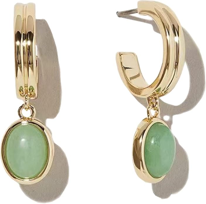 DISTANT DRUMS Simple Natural Green Aventurine Stone Jewelry Set for Women,Hoop Earrings,Bracelet,Necklace,18K Gold-plated Spiritual Gift,Fortunate Stone Jewelry,Choker