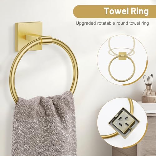 Brushed Gold Bathroom Accessories, Toilet Paper Holder, Towel Ring & Hooks - Image 3