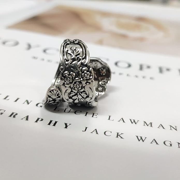 Vintage Flowers Spoon Rings Promise Wedding Engagement Statement Boho Circling Rose Flower Cluster Finger Open Ring Adjustable Extendable Wrap Bands for Women Men Retro Jewelry