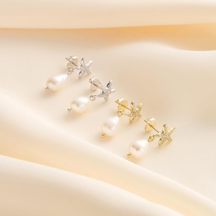VONALA Silver/Gold Seashell Pearl Dangle Earrings 925 Sterling Silver Beach Drop Dangle Earrings Starfish Leverback Earrings Ocean Jewelry Gifts for Women