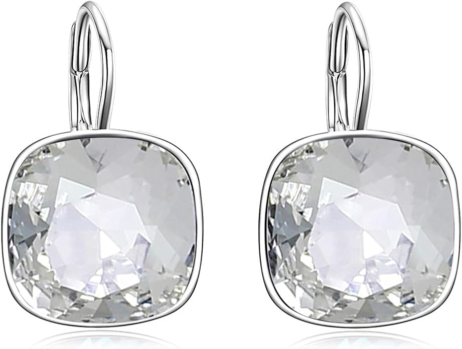 AOBOCO Sterling Silver Leverback Earrings Embellished with Crystals from Austria, Hypoallergenic Cushion Cut Square Crystal Earrings, Fine Anniversary Birthday Jewelry Gifts for Women