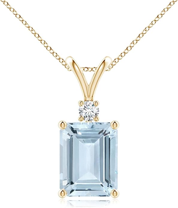 Angara Natural Aquamarine Solitaire Pendant for Women | Emerald-Cut Aquamarine Pendant with Diamond in 14K Solid Gold/Silver/Platinum With 18" Chain | March Birthday, Gemstone Jewelry Gift