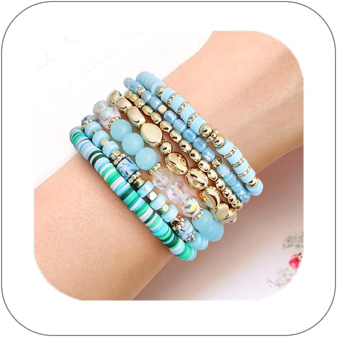 GOOJIDS Surfer Heishi Clay Bead Bracelets for Women Bohemian Stackable Gold Plated Beaded Stretch Bracelets Elastic Layering Friendship Bracelets Set Boho Jewelry
