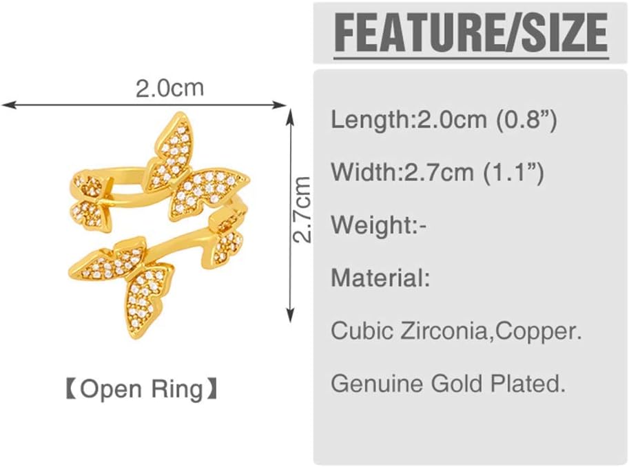 Gold-Plated Butterfly Rings - Vintage Snake Statement Rings with Cubic Zirconia for Women Adjustable Open Rings