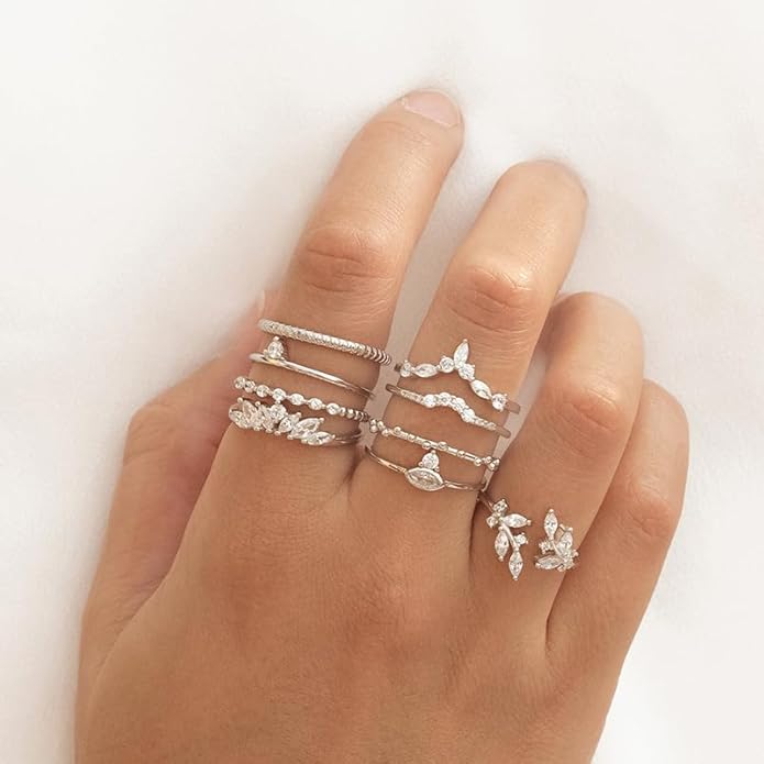 Gold Rings Non Tarnish Silver Adjustable Rings for Women Cubic Zirconia Leaf Ring Dainty Silver Stackable Ring for Women