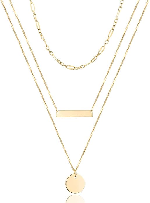Turandoss Dainty Layered Choker Necklace, Handmade Y Pendant Necklace Multilayer Bar Disc Necklace Adjustable Layering Choker Necklaces for Women