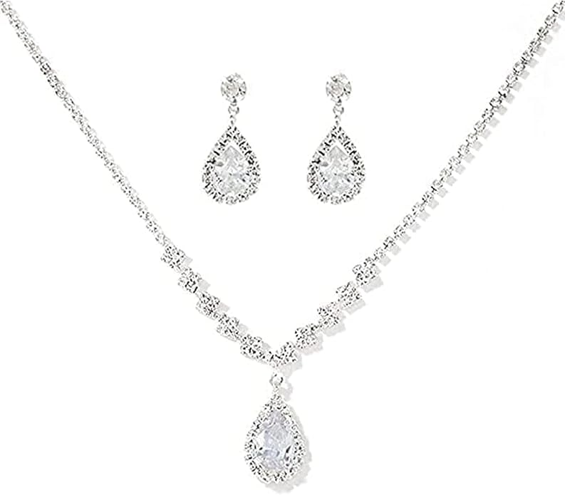 Silver Crystal Bridal Jewelry Set, Teardrop Dangle Earrings Rhinestone Necklace Bracelet for Bride Bridesmaid Crystal Bridal Wedding Party Jewelry Sets
