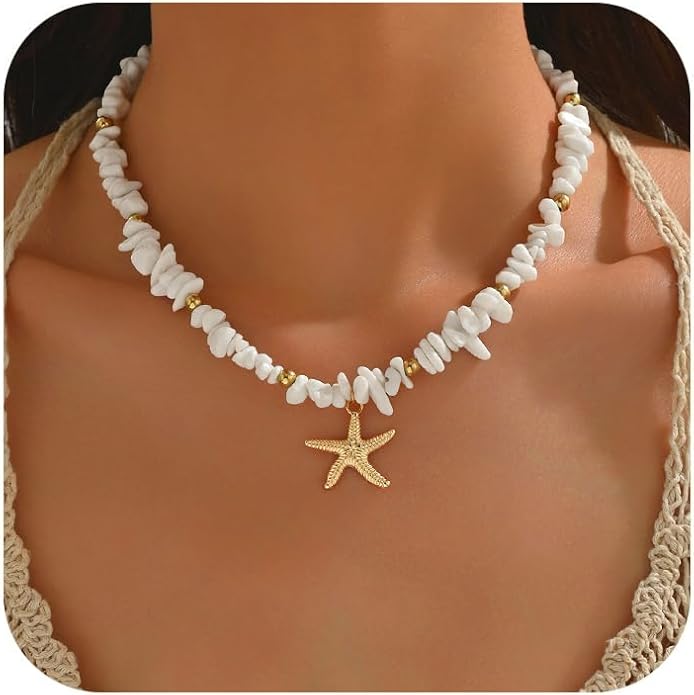 Shell Starfish Necklace for Women, 14k Gold Plated Boho Layered Beaded Charm Pendant Necklace, Dainty Adjustable Pearl Conch Summer Beach Vacation Jewelry Gifts