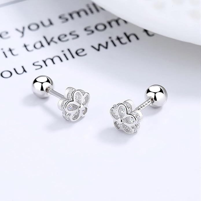18K Gold Plated Sterling Silver Cubic Zirconia Screw Back Small Trendy Dainty Cute Flower Stud Earrings for Women with Jewelry Rose Box