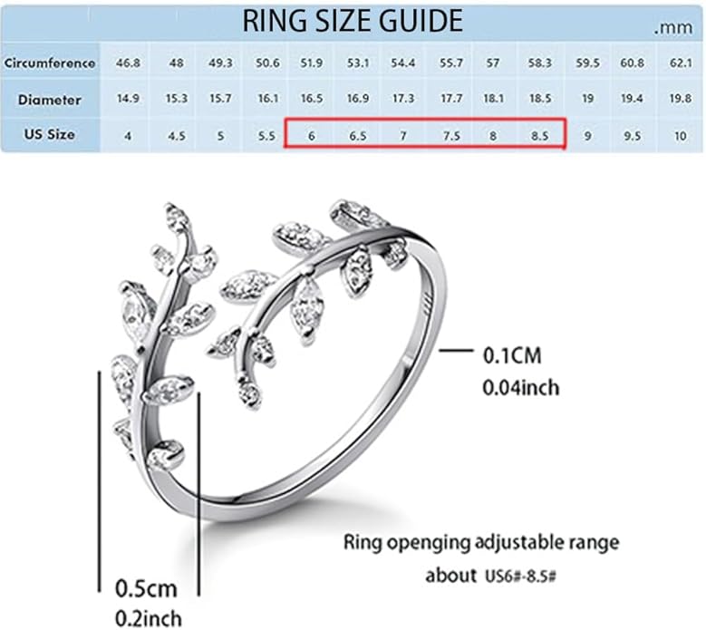 Adjustable S925 Sterling Silver Ring for Women,Branch Leaves Band Stacking Finger Ring,Paved Cubic Zirconia Stone Stackable Open Ring