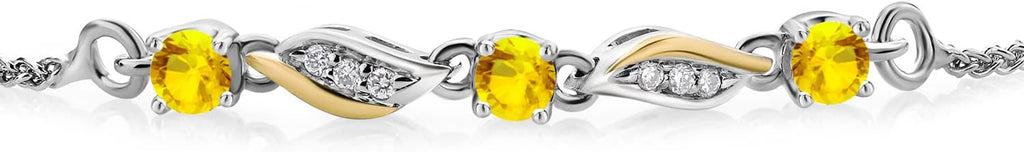 Gem Stone King 3-Stone Adjustable Bracelet for Women | 925 Silver and 10K Yellow Gold | Gemstone Birthstone and Lab Grown Diamond | Round 3MM | Two-Tone Adjustable Tennis Bracelet Up to 9 Inch