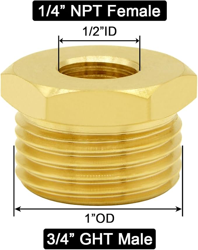 Joywayus Garden Hose Hex Bushing Reducer 1/4" NPT Female x 3/4" GHT Male | Cast - Image 2