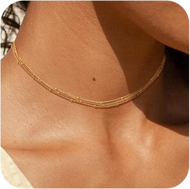 CHESKY 14k Gold Plated/Silver Plated Dainty Necklace for Women, Trendy Satellite Choker Necklace Thin Beaded Layered Choker Necklaces Discs Paperclip Chain Necklaces Womens Simple Jewelry