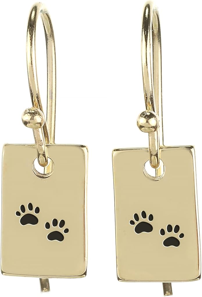 Custom Gold Rectangle Earrings with Paw Engraving - Personalized Animal Inspired Paw Print Jewelry