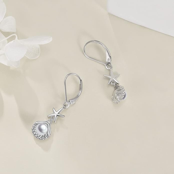 VONALA Silver/Gold Seashell Pearl Dangle Earrings 925 Sterling Silver Beach Drop Dangle Earrings Starfish Leverback Earrings Ocean Jewelry Gifts for Women