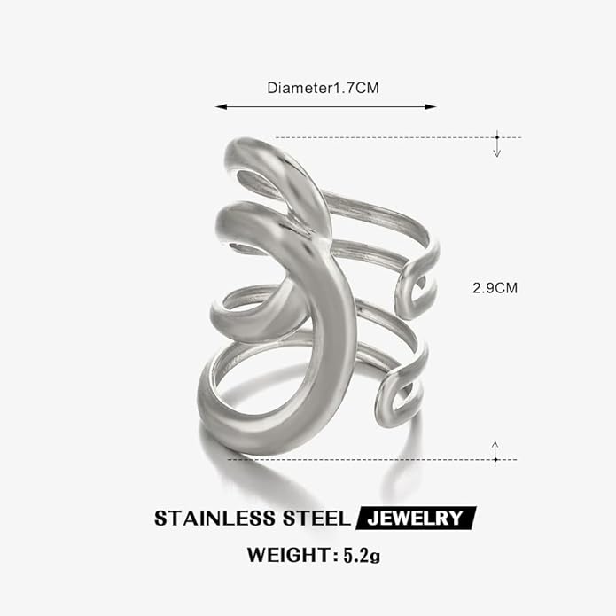 Chunky Rings For Women, Gold Silver Thumb Ring Asymmetrical Wavy Curve Ring Adjustable Non Tarnish Dainty Stainless Steel New Year Anniversary Birthday Jewelry Gift