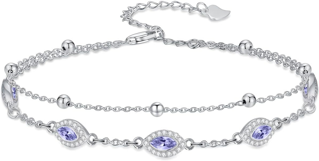 Evil Eye Birthstone Charm Link Bracelet 925 Sterling Silver Evil Eye Bracelet with 12 Months Birthstone Birthday Jewelry Gifts for Women Mom Her,Chain Length 7"+2" Extend