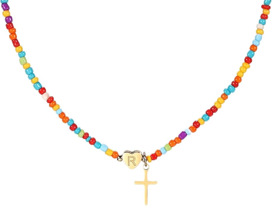 Colorful Initial Cross Necklace for Girls Women Kids - Teen Girls Gifts Trendy Stuff Beaded Letter Cross Choker Necklace for Girls Gifts Jewelry