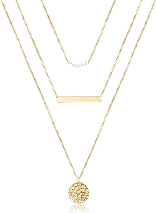 Turandoss Dainty Layered Choker Necklace, Handmade Y Pendant Necklace Multilayer Bar Disc Necklace Adjustable Layering Choker Necklaces for Women