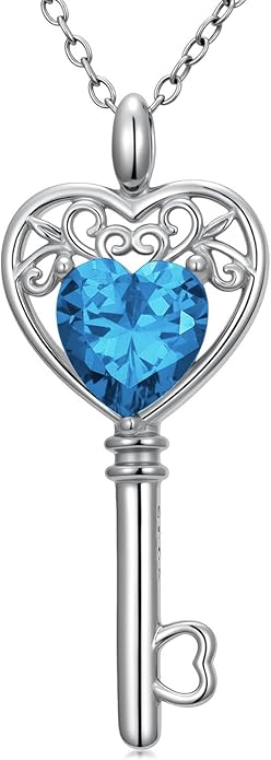 WSX Heart Key Birthstone Necklace for Women 925 Sterling Silver Love Key Pendant with Birthstone Valentine's Day Anniversary Jewelry Gift for Her