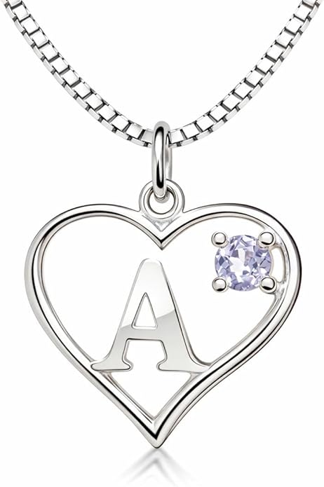 Silver Sterling Necklace Initial Letter A-Z Birthstone for Women – Personalized Custom Jewelry Pendant with Heart Design Customized Dainty Charm for Wife Girlfriend Mom – 18" Box Chain