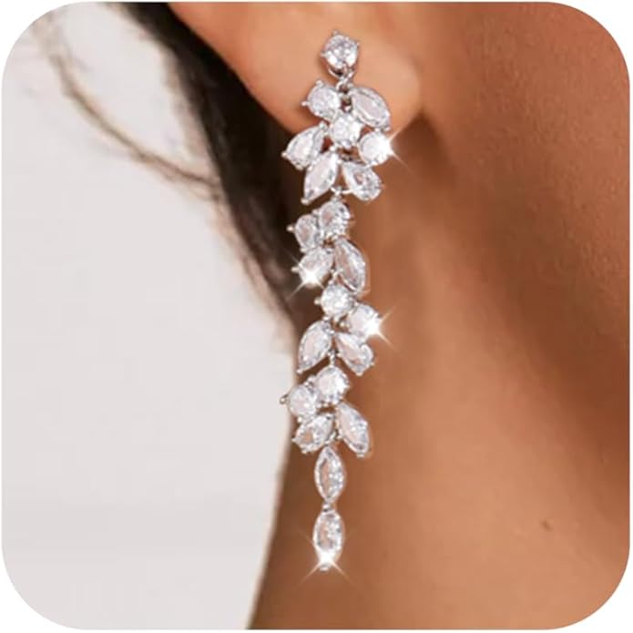 Clip on Earrings for Women 925 Sterling Silver Plated Cubic Zirconia Long Tassel Dangle Drop Earrings Non Pierced Earrings for Women Jewelry Gifts Wedding Party