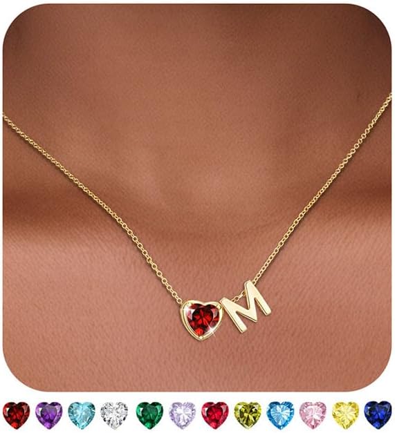 Valentines Day Gifts for Her- Heart Birthstone Initial Necklace for Women Girls,14K Gold Plated Heart Letter A-Z Necklace Birthday Trendy Jewelry Gifts for Women Girls Daughter