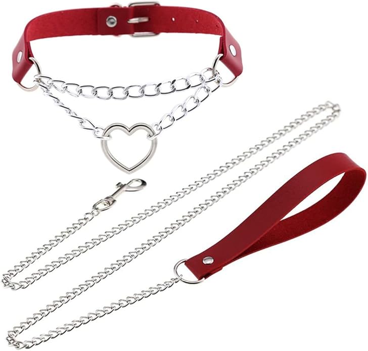 Harajuku Peach Heart Choker Punk Hauling Chain PU Leather Collar Gothic Necklace NightClub Goth Leash Belts