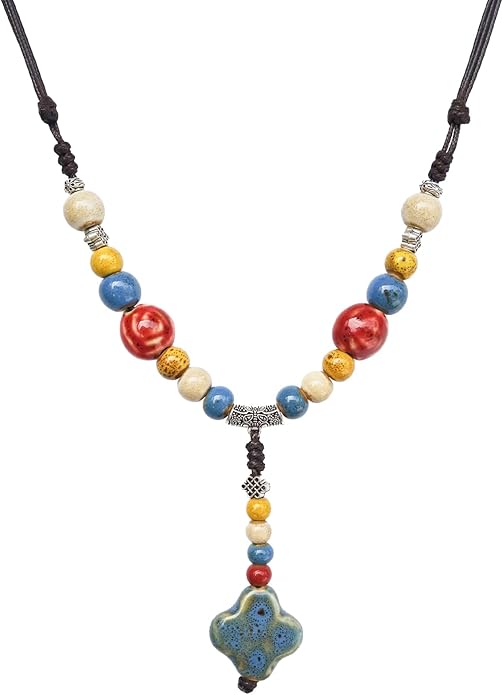 Adjustable Ceramic Beaded Necklace for Women, Boho Handmade Flower Pendant Necklace, Hippie Jewelry for Mom and Wife