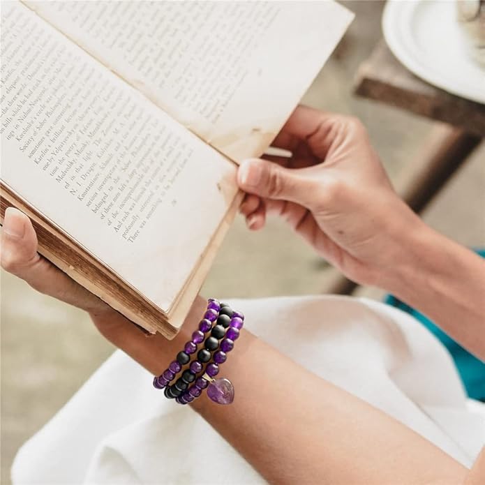 Healing Crystal Beaded Bracelets for Women,Natural Amethyst Gemstones Bracelet,Anxiety Stress Relief Heart Charm Bracelet Handmade purple Jewelry Gifts for Women