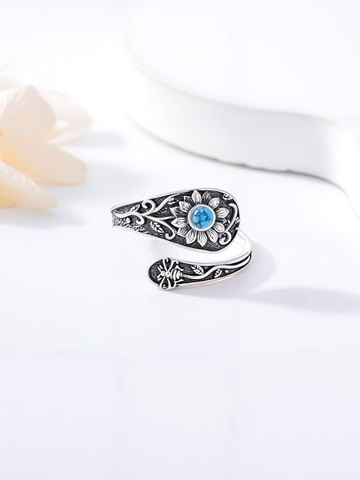 JKR Turquoise Spoon Rings for Women Sterling Silver Vintage Antique Thumb Ring Boho Jewelry Anniversary Birthday Gift for Wife Her Mom