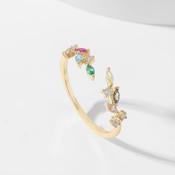 Gold Rings Non Tarnish Silver Adjustable Rings for Women Cubic Zirconia Leaf Ring Dainty Silver Stackable Ring for Women