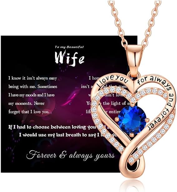 To My Wife Necklace from Husband, Infinity Love Heart Birthstone Necklace with Message Card, Anniversary Birthday Gift for Wife, I Love You Jewelry Gifts for Her, 18K Rose Gold Plated Sterling Silver