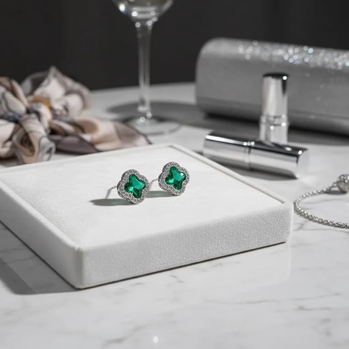 Four Leaf Clover Necklace and Earrings Set for Women, Clover Jewelry Set with Pendant Necklace and Stud Earrings, Brilliant Cubic Zirconia, Polished Metal Setting, Hypoallergenic, & Lightweight
