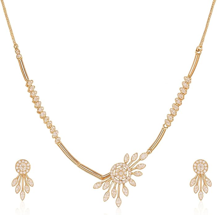 Nilu's Collection American Diamond Stone Studded | Rose Gold/Silver Plated | Anti Tarnish Jewellery Set for Women | Matching Earrings Perfect for Weddings and Special Occasions