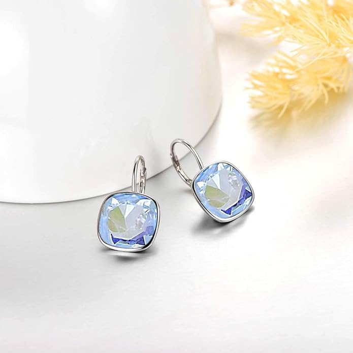 AOBOCO Sterling Silver Leverback Earrings Embellished with Crystals from Austria, Hypoallergenic Cushion Cut Square Crystal Earrings, Fine Anniversary Birthday Jewelry Gifts for Women