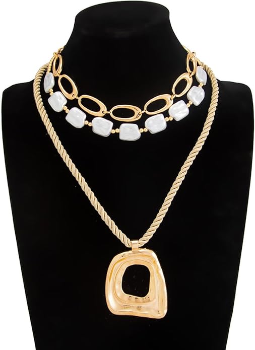 PLOUTOS Statement Modern Geometric Hollow Square Pendant Rope Chain Necklace for Women Bold Fashion Layering Collarbone Jewelry Party Wear Accessory