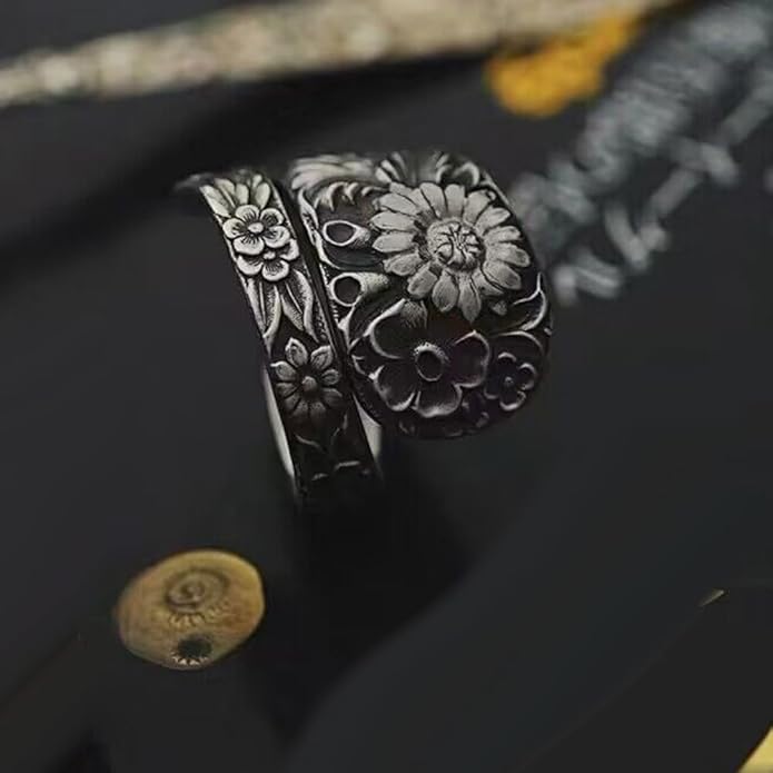 Retro Sunflower Spoon Rings for Women Adjustable Oxidized Silver Victorian Vintage Boho Finger Comfort Fit Adjustable Floral Thumb Jewelry Cherry Blossom Wrap Around Open Band Xmas Gifts