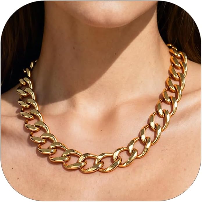 ChainsHouse Cuban Link Chain for Women Chunky Gold Necklace Stainless Steel/Gold Plated Choker Necklaces for Women, 12/16/20 mm Width Thick Chain Choker Punk Hip-Hop Jewelry,18-20"