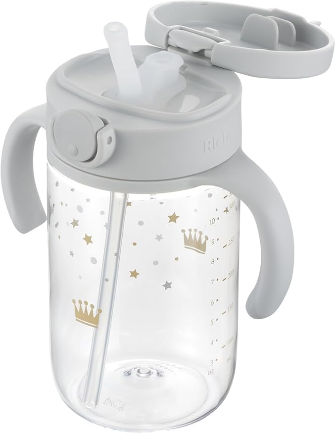 Richell On-the-Go Sippy Cup with Silicone Straw and Removable Handles, 10 oz, Easy Grip for Infant-Toddlers Sparkle Crown, Light Gray