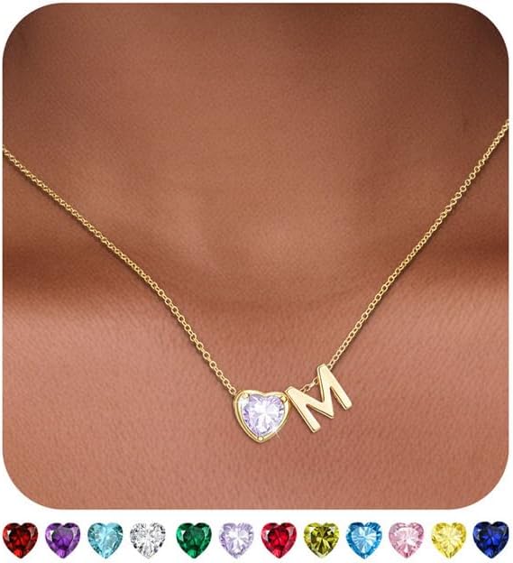 Valentines Day Gifts for Her- Heart Birthstone Initial Necklace for Women Girls,14K Gold Plated Heart Letter A-Z Necklace Birthday Trendy Jewelry Gifts for Women Girls Daughter